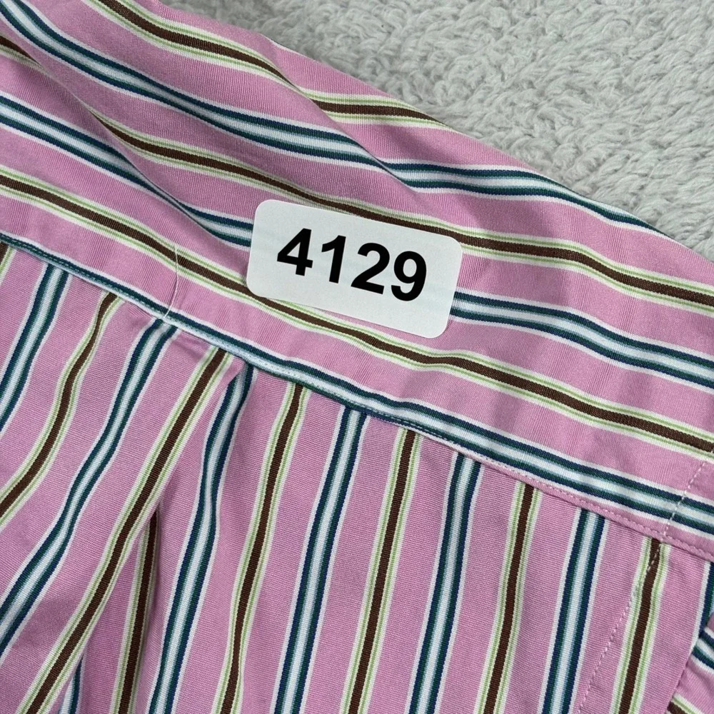 Polo Ralph Lauren Regent Classic Fit Men Pink Striped Cotton Dress Shirt 17.5 34